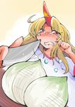  ahoge blonde_hair clenched_teeth crying crying_with_eyes_open cutting_onions dutch_angle fang glint gradient gradient_background hand_on_own_face highres horn hoshiguma_yuugi knife long_hair looking_at_viewer onion red_eyes shinapuu solo star tears teeth touhou 