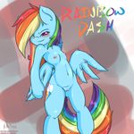  abstract_background anthro anthrofied blue_fur blush breasts cutie_mark english_text equine female friendship_is_magic fur grin hair horse makoruu mammal multi-colored_hair my_little_pony navel nipples nude pegasus pony pussy rainbow_dash_(mlp) rainbow_hair solo text wings 