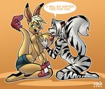  anthro big_breasts blonde_hair boxing_gloves breast_fondling breasts breasts_fondling dialog duo fabio_paulino feline female fondling grope hair huge_breasts kangaroo ko lesbian long_hair mammal marsupial muscles muscular_female nipples pouch skunk text zig_zag 