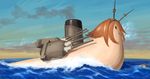  :d animalization blew_andwhite brown_hair cloud commentary_request day headgear kantai_collection mutsu_(kantai_collection) mutsu_(snail) open_mouth rensouhou-chan sailing shimakaze_(kantai_collection) short_hair sky smile snail turret 