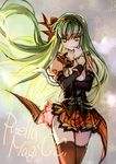  animal black_legwear bow c.c. cat code_geass corset creayus green_hair hair_bow holding holding_animal long_hair long_sleeves magical_girl mahou_shoujo_madoka_magica puffy_long_sleeves puffy_sleeves skirt solo thighhighs wind wind_lift 