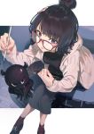  1girl absurdres bespectacled black_hair black_shirt brown_legwear casual fate/grand_order fate_(series) glasses hair_bun hair_ornament highres ipad jacket katsushika_hokusai_(fate/grand_order) looking_up octopus parted_lips purple_eyes rolua shirt sitting skirt stylus tablet_pc white_jacket 