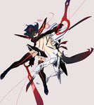  black_hair blue_eyes boots dual_wielding grey_background highres holding junketsu kill_la_kill kiryuuin_satsuki long_hair matoi_ryuuko md5_mismatch multiple_girls navel one_eye_closed onioohashi red_hair scissor_blade senketsu short_hair sketch sword thigh_boots thighhighs weapon 