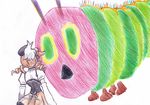  beret blonde_hair bow bug caterpillar corset detached_sleeves drill_hair from_behind green_eyes hair_ornament hat hiraichi insect mahou_shoujo_madoka_magica mami_mogu_mogu pleated_skirt puffy_sleeves skirt the_very_hungry_caterpillar tomoe_mami traditional_media twin_drills twintails 