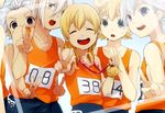  bad_id bad_pixiv_id black_eyes blonde_hair brown_eyes closed_eyes double_v hayami_maya inazuma_eleven inazuma_eleven_(series) long_hair male_focus medal miyasaka_ryou multiple_boys open_mouth otoko_no_ko silver_hair smile sweat tank_top tomo_(sjim) v white_hair 