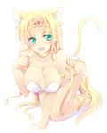  all_fours animal_ears armband blonde_hair blush breasts cat_ears cat_tail claire_(hihouden) cleavage full_body green_eyes hair_intakes hairband hihouden kemonomimi_mode large_breasts long_hair paw_pose smile solo tail tokinon white_background 