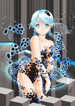  bare_shoulders blue_eyes blue_hair breasts cleavage collarbone cube digital_dissolve highres leotard lips lipstick looking_at_viewer makeup medium_breasts nail_polish original short_hair solo standing thighs 