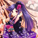  aki_(hihouden) bad_id bad_pixiv_id flower hair_flower hair_ornament hihouden japanese_clothes kimono long_hair obi pink_flower pink_rose ponytail purple_hair red_eyes rose sash solo tokinon 