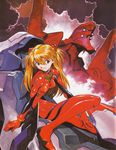  1girl blonde_hair blue_eyes entry_plug eva_02 long_hair looking_at_viewer neon_genesis_evangelion neon_genesis_evangelion_(manga) official_art outdoors plugsuit sadamoto_yoshiyuki small_breasts smile soryu_asuka_langley 