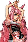  1girl animal_ears armpits arms_up blue_eyes breasts bunny_ears drawfag heart highres hime_cut large_breasts long_hair melona messy open_mouth pink_hair prehensile_hair queen's_blade shirt sketch slime solo t-shirt taut_clothes white_background 