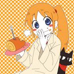  alternate_hairstyle blonde_hair blue_eyes blush_stickers cake cat food fork labcoat long_hair nichijou ponytail professor_shinonome sakamoto_(nichijou) scarf smile yoshida_3 