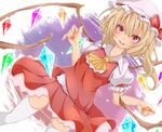  ascot blonde_hair blush fang flandre_scarlet hat long_hair looking_at_viewer mine1225 open_mouth red_eyes side_ponytail skirt smile solo thighhighs touhou white_background wings 