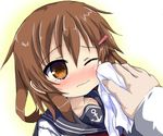  admiral_(kantai_collection) blush brown_eyes brown_hair collarbone dress hair_ornament hairclip handkerchief hands highres ikazuchi_(kantai_collection) kantai_collection long_sleeves oshiruko_(uminekotei) school_uniform serafuku short_hair tears wiping_tears 