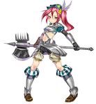  asymmetrical_clothes axe battle_axe black_gloves breastplate dendoumushi faulds gloves greaves hat long_hair navel original pigeon-toed pink_eyes pink_hair shorts side_ponytail solo vambraces weapon 