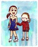  2girls :&lt; ? asada_mao blonde_hair buck_teeth closed_mouth figure_skating highres ice ice_skates multiple_girls olympics real_life skates skating_rink tug v-shaped_eyebrows yulia_lipnitskaya 