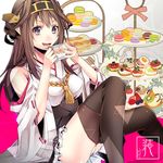 ahoge bare_shoulders brown_hair cake cup detached_sleeves double_bun food hair_ornament hairband japanese_clothes kantai_collection kongou_(kantai_collection) long_hair macaron open_mouth pastry shiomizu_(swat) sitting skirt solo teacup thighhighs tiered_tray 