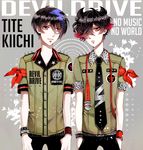  black_hair black_neckwear blue_hair bracelet brown_eyes devi_rock hair_over_one_eye jewelry kiichi_(devi_rock) male_focus microphone multicolored_hair multiple_boys naki_ringo necktie original red_hair school_uniform tite_(devi_rock) 