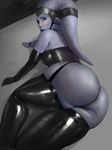  alien ass bare_shoulders black_legwear blue_eyes blue_skin breasts character_request curvy elbow_gloves garter_straps gloves highres huge_ass kaihlan latex lips looking_at_viewer looking_back lying medium_breasts on_side realistic solo star_wars thick_thighs thighs twi'lek wide_hips 