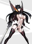  bangs black_hair breasts dual_wielding highres holding kill_la_kill kiryuuin_satsuki large_breasts long_hair makacoon microskirt midriff navel revealing_clothes senketsu skirt solo sword underboob weapon 