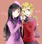  bebe_stevens black_hair blonde_hair character_name egg gloves green_eyes hat jacket long_hair multiple_girls purple_eyes scarf shiron2611 smile south_park wendy_testaburger 