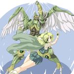  arm_up blonde_hair blue_background cape expressionless gem gloves green_eyes green_skirt hairband hououji_fuu junsama looking_back magic_knight_rayearth mashin mecha shoes short_hair shoulder_pads skirt windam_(rayearth) wings 