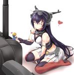  abs black_hair blush breasts cleavage closed_eyes commentary_request fairy_(kantai_collection) heart helmet_musume_(kantai_collection) highres kantai_collection large_breasts long_hair muscle nagato_(kantai_collection) sitting sleeveless smile solo sukage very_long_hair wariza white_background 