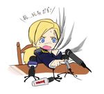  blonde_hair blue_eyes blush chair chibi curtain_grab curtains desk embarrassed epaulettes frown j.m. long_hair microphone natalia_poklonskaya open_mouth outstretched_arm pani_poni_dash! parody pointing ponytail real_life real_life_insert rebecca_miyamoto sitting solo sweat tears uniform upper_body 