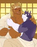  bear biceps big_muscles blush brown_fur caleb_(kokuhane) canine chest_tuft chubby dog duo fur gay gen grin holding huge_muscles husky imminent_sex kokuhane male mammal muscles pecs purple_fur smile topless tuft 