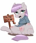  &lt;3 anus berseepono9 english_text equine female feral friendship_is_magic fur grey_fur hair horse looking_at_viewer mammal maud_pie_(mlp) my_little_pony plain_background pony purple_hair pussy rock sign sitting solo spread_legs spreading text white_background 