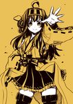  ahoge bare_shoulders hairband hand_on_hip kantai_collection kongou_(kantai_collection) kouji_(campus_life) looking_at_viewer monochrome nontraditional_miko ribbon-trimmed_sleeves ribbon_trim skirt smirk solo thighhighs yellow 