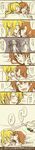  ayase_eli blonde_hair blue_eyes blush bow brown_hair cheek_pull closed_eyes comic couple futon green_eyes grin hair_bow hair_down happy highres hug hug_from_behind kiss kousaka_honoka long_hair long_image love_live! love_live!_school_idol_project lying multiple_girls naked_sheet open_mouth partially_translated shared_blanket short_hair smile tall_image tenkomori_(nirastrator) translation_request under_covers yuri 