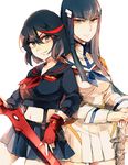  black_eyes black_hair bura epaulettes eyebrows eyelashes fingerless_gloves gloves hair_ornament hairclip junketsu kill_la_kill kiryuuin_satsuki long_hair looking_at_viewer matoi_ryuuko midriff multicolored_hair multiple_girls navel red_hair school_uniform scissor_blade senketsu serafuku short_hair sketch skirt sword two-tone_hair weapon 