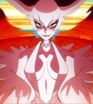  1girl absurdres breasts dress highres kill_la_kill kiryuuin_ragyou long_hair milf red_eyes smile solo standing stitched white_hair 