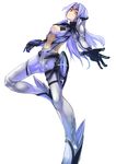  android blue_hair breasts center_opening cleavage foreshortening highres koruse kos-mos kos-mos_ver._3 leg_up long_hair looking_at_viewer medium_breasts outstretched_arm red_eyes solo standing standing_on_one_leg white_background xenosaga xenosaga_episode_ii 
