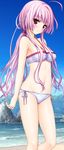  absurdres ahoge beach bikini blush daitoshokan_no_hitsujikai day halterneck highres long_hair looking_at_viewer low_twintails natsuno_io navel pink_hair red_eyes side-tie_bikini smile solo standing swimsuit toki_nozomi twintails 