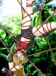  1girl artist_request bdsm blonde_hair blue_eyes bondage bound character_request gag gagged jacket long_hair madlax madlax_(character) midriff navel outdoors rope rope_gag shibari source_request spark_utamaro suspension 