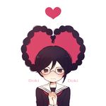  ayu_(mog) bad_id bad_pixiv_id bangs black_hair black_serafuku blush braid danganronpa danganronpa_1 floating_hair fukawa_touko glasses hands_clasped heart heart_hair interlocked_fingers long_hair looking_at_viewer mole mole_under_mouth neckerchief own_hands_together parted_bangs purple_eyes rimless_eyewear school_uniform serafuku simple_background solo swept_bangs twin_braids upper_body wavy_mouth white_background 