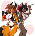  2019 absurd_res anthro bikini black_fur black_hair breasts brown_hair butt canid canine chest_tuft chiropteran clothed clothing duo female fluffy fluffy_tail fox fulvus fur grey_fur hair hi_res inner_ear_fluff kyu_(sagestrike2) looking_at_viewer mammal navel one_eye_closed open_mouth open_smile orange_eyes orange_fur purple_eyes red_hair sagestrike2_(artist) smile standing swimsuit tuft white_fur 