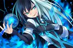  aqua_eyes black_background black_hair blue_fire breasts crystal fire flask kaida_michi long_hair magic multicolored_hair norah_bright original parted_lips sleeves_past_wrists small_breasts smile solo sparks tsurime two-tone_hair white_hair 