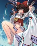  ascot barefoot bottomless bow brown_eyes brown_hair censored convenient_censoring day detached_sleeves feet hair_bow hair_tubes hakurei_reimu long_sleeves masao mouth_hold naked_shirt navel shirt solo spell_card touhou wide_sleeves 