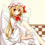  blonde_hair bow brown_eyes capelet dress fairy_wings hat hat_bow lily_white long_hair long_sleeves looking_at_viewer open_mouth pillow sitting sock_pull solo touhou very_long_hair white_dress wide_sleeves wings yuuhagi_(amaretto-no-natsu) 
