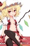  bad_id bad_nicoseiga_id black_legwear blonde_hair blush breasts fang flandre_scarlet highres isa no_bra open_clothes open_shirt panties pink_panties red_eyes shirt side_ponytail skirt small_breasts smile solo thighhighs touhou underwear wings 