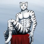  abs anthro aolun aolun_(artist) biceps black_fur blue_eyes body_markings feline fur looking_at_viewer male mammal markings muscles nude pecs pink_nose pose solo stand_(object) tiger white_tiger 