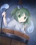  blue_background bucket gradient gradient_background green_eyes green_hair hair_bobbles hair_ornament hidarikata hitodama in_bucket in_container japanese_clothes kimono kisume looking_at_viewer short_hair simple_background smile solo touhou twintails wooden_bucket 