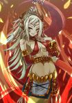  bare_shoulders blonde_hair blue_eyes bracelet breasts echidna_(p&amp;d) grin hairband horns jewelry long_hair looking_at_viewer medium_breasts navel ponytail puzzle_&amp;_dragons smile solo sud_(sudea) tail 