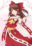  absurdres bare_shoulders bow brown_eyes brown_hair cherry_blossoms detached_sleeves gohei hair_bow hair_tubes hakurei_reimu haraegushi highres nontraditional_miko oonusa open_mouth petals solo touhou yami_nabe 