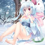  ayakashi_hyakkiyakou bare_tree barefoot blue_hair eating feet food hair_ornament hair_tubes japanese_clothes kimono legs long_hair off_shoulder onigiri original pink_scarf purple_eyes scarf sekine_irie short_kimono sitting snow snow_bunny snowflake_hair_ornament snowing snowman solo toes tree yuki_onna 