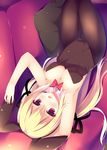  animal_ears blonde_hair blush bow bowtie breasts bunny_ears bunnysuit cleavage detached_collar hair_ribbon highres large_breasts long_hair looking_at_viewer lying megarisu on_back original pantyhose red_eyes ribbon solo 