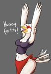  anthro armpits avian beak breasts cleavage clothed clothing dialog english_text eyes_closed female hands_above_head open_mouth shirt tank_top text tongue unknown_artist white_body white_feathers wide_hips 