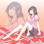  bakemonogatari bandages barefoot bike_shorts black_hair brown_eyes kanbaru_suruga long_hair long_legs monogatari_(series) narumi_muran school_uniform solo tongue tongue_out zoom_layer 